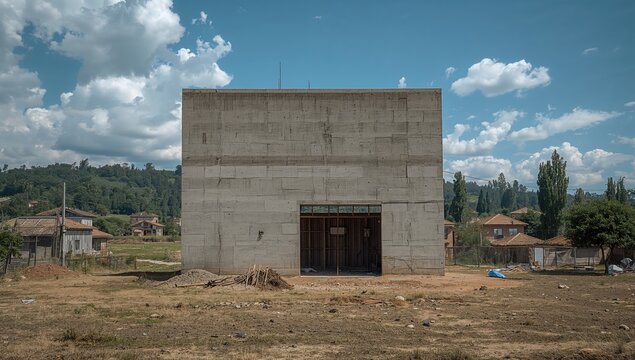 Incomplete aerated concrete structure in a rural setting with trees and construction elements