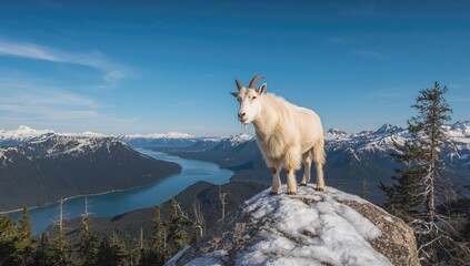 Wild goat perched on a snowy peak with water and sky in the backdrop, featuring travel, nature, trees, winter, landscape, snow, and forest elements