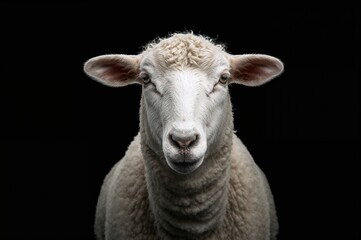 Fototapeta premium Close-up of a white sheep against a dark backdrop