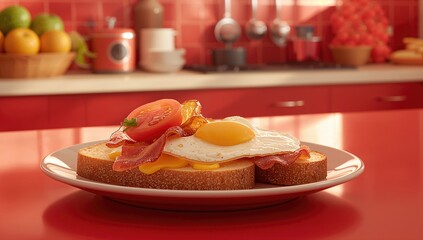 Grilled bread topped with melted cheese, crispy bacon, fried egg, and fresh tomatoes
