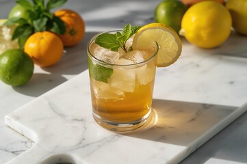 Fototapeta premium Chilled beverage featuring lemon and mint served in a glass on a marble surface with shadows and citrus accents. A refreshing cold tea or lemonade idea. Top-down perspective.