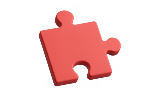 Red 3d puzzle piece symbolizing problem solving, connection, solution, strategy, and teamwork. Transparent background