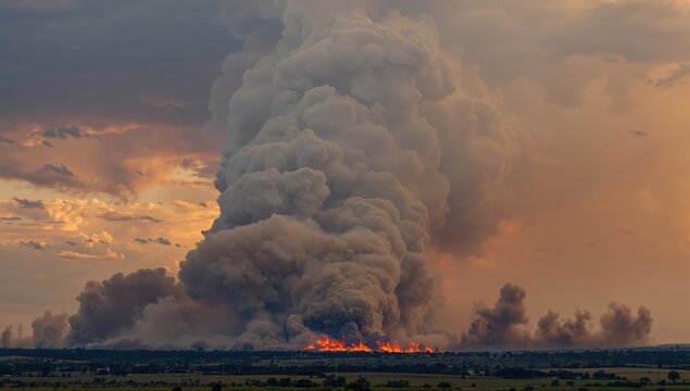 A pyrocumulus cloud develops over the smoke rising from a wildfire in the western region.