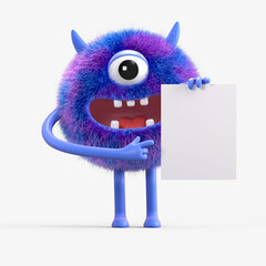 Fluffy, cute monster holds a blank sign, symbolizes information and advertising display. 3D rendering, conceptual image. Isolated on white background.