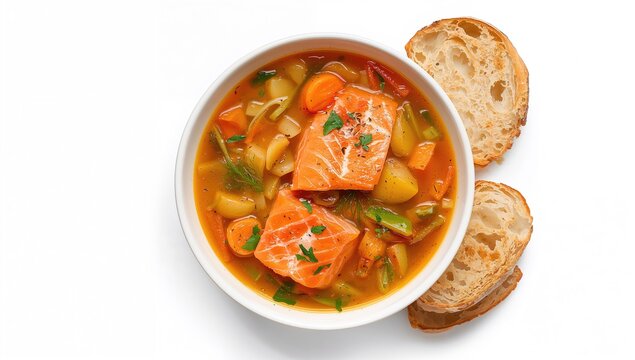 Isolated white background with a bowl of homemade salmon soup featuring vegetables, overhead shot, space for text.