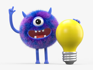 Fluffy, cute monster with a lightbulb, symbolizing ideas and innovation. 3D rendering, conceptual image. Isolated on white background.