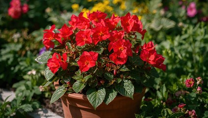 Naklejka premium Vibrant red begonias thriving in a container against a lush garden backdrop