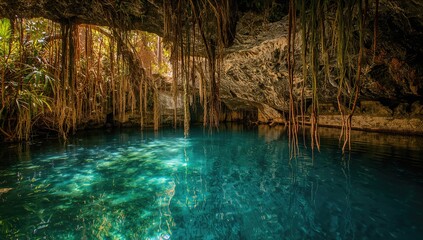 Beautiful turquoise water cenote with dangling roots in a lush natural setting