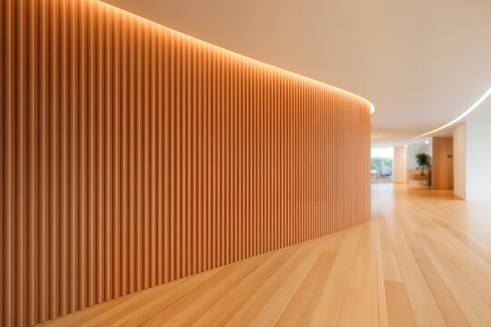 Elegant Terracotta Lobby Featuring Modern Wooden Panels and Soft Lighting Creating a Sophisticated Ambiance in a Spacious Indoor Setting