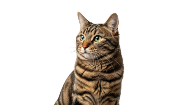 Cat with brown stripes and green eyes, set against a black background