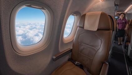 Aircraft interior showing airplane seat and window with cloud scenery