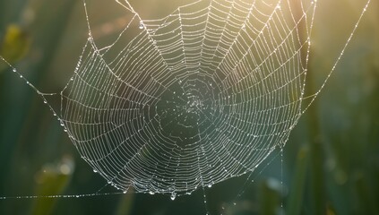 Dew-covered spider web sparkling in the morning light