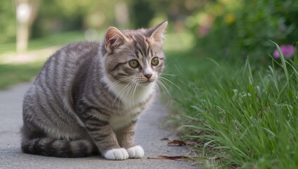 Side Profile of an Adorable Gray and White Striped Cat Observing the Garden Walkway