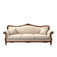 Ornate three-seater sofa with cream cushions and wooden frame