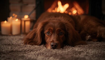 Canine lounging near a hearth surrounded by lit candles, evoking a warm and inviting home setting.