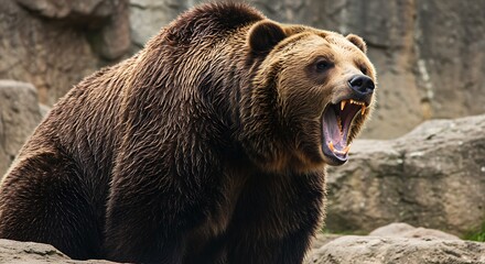 A close-up shot of a growling grizzly bear revealing sharp teeth, set against a rocky backdrop