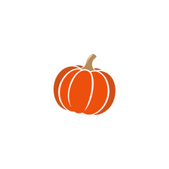 An isolated illustration of a vibrant orange pumpkin with a brown stem, centered on a clean white background.
