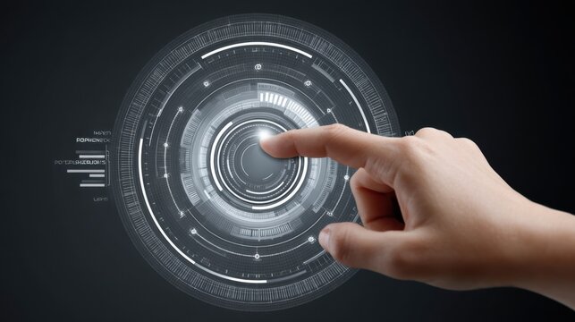 Futuristic Digital Interface Interaction with Human Hand Touching Interactive Display of Success Metrics and Graphical Data Visualization