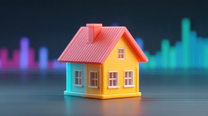 Colorful Neon Model House Displayed in Front of Dynamic Financial Data Visualization with Vibrant Graph Elements