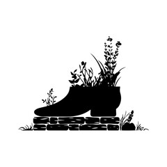 Old shoe used as flower planter silhouette