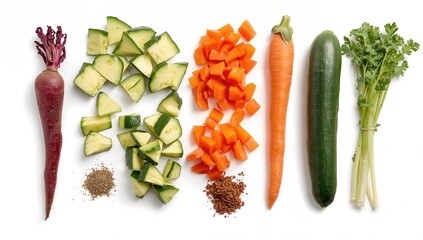 Vertical arrangement of diced fresh vegetables including beetroot, zucchini, carrot, avocado, bell pepper, cucumber, eggplant, tomato, spices, and herbs on a white background