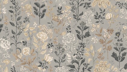 Seamless vintage floral and foliage ethnic design with repeated textured fabric patterns featuring abstract leaves and stems.