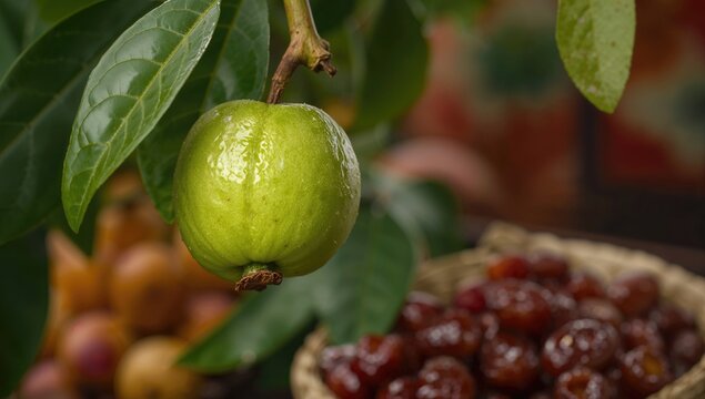 Close-up of an Uncommon Tropical Zizyphus jujuba Fruit on the Tree