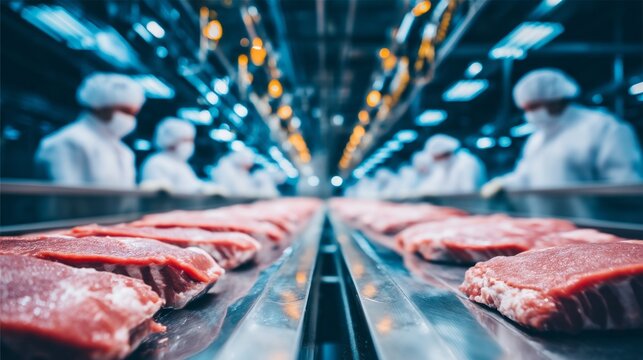 Inside a modern food factory, workers in protective gear focus on an automated meat processing line. Fresh cuts of meat are neatly arranged, exemplifying precision