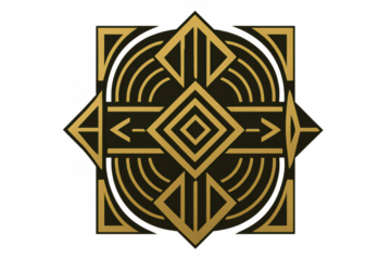 Art deco golden geometric ornament on transparent background, symmetrical abstract emblem design
