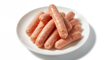 Uncooked sausages arranged on a white dish with a white backdrop