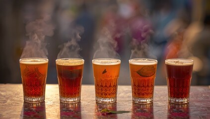 Six glasses of hot tea served as a popular refreshment on the roadside.