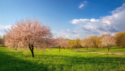 Obraz premium Springtime bloom of trees on a lush meadow