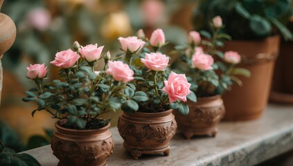 Tiny pink roses planted in pots brighten up the home garden.