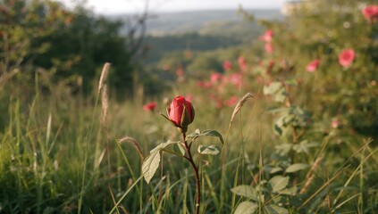 Wild red rosehip bud on a natural branch in a forest setting