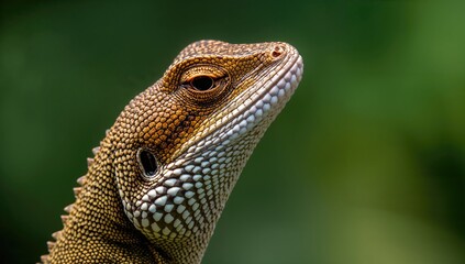 Close-up of a female lizard's head, detailed macro shot highlighting texture and natural surroundings