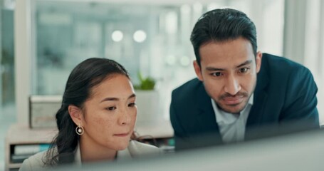 Office, research and people with computer, teamwork and discussion for financial analysis on website. Accountants, man and woman with tech for project, bokeh and collaboration for budget report - Powered by Adobe