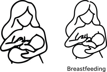 Breastfeeding mother vector set, minimalist maternity illustrations, baby care line art, nurturing woman icons, black outline design, parenting graphics