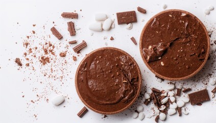 Tasty sugary treat, chocolate mousse or warm cocoa on a plain white surface