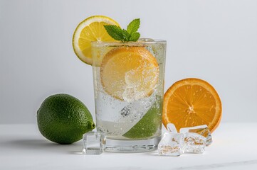 Refreshing lemon cocktail with ice on a white backdrop