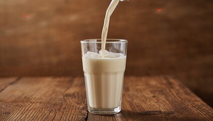 Milkshake flowing into a cup placed on a rustic wooden surface.