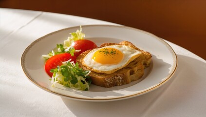 Classic morning meal featuring salad and Krok madame