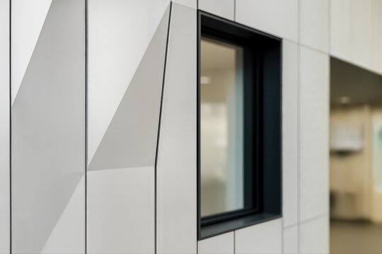 Aluminum Rainscreen Panels on a Modern Building Exterior Showing Sleek Geometric Designs Around a Window in Natural Light