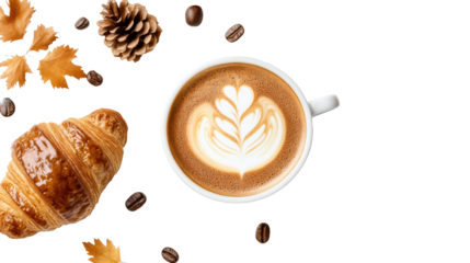 Coffee Cup with Latte Art and Croissant on Transparent Background