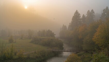 Fototapeta premium Misty autumn dawn over a northeastern countryside