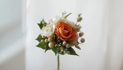 Obraz premium Prearranged synthetic floral stem with soft-focus backdrop, blossom, ceremony, foliage, ivory, botanical, elegance, bloom, tangerine, greenery