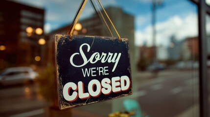 Glossy black retro sign with Sorry We're Closed text hanging on storefront glass window