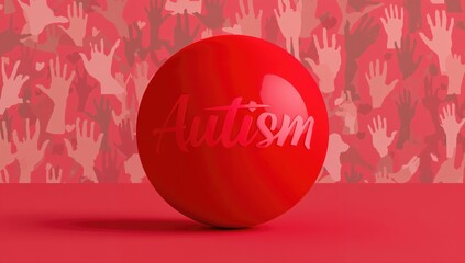 Red heart-shaped object with the word AUTISM and handprints behind it, symbolizing Autism Awareness Month.