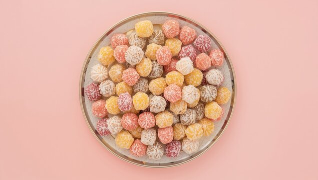 Colorful background featuring a dish of sweet confections