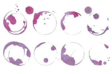 Real wine stains and glass ring marks on white background. Red vine glass stains set. Artistic grape juice spill texture for food and drink design