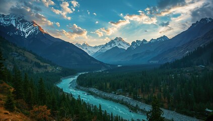 Stunning mountain summits with a vibrant river, lush woodland, bright sky with clouds, and warm sunlight creating a lively scene at dusk in a mountain valley.